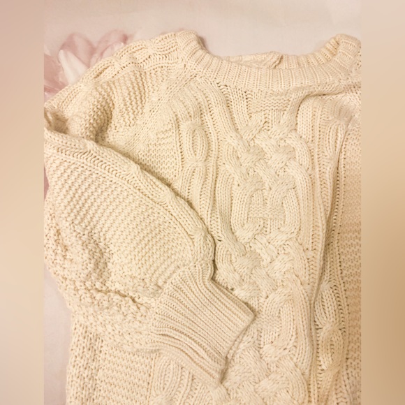 Sweater cable knit lantern sleeve cream white womens long sleeve top - Picture 6 of 14